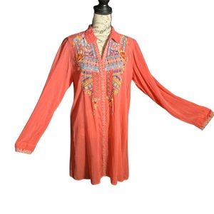 Johnny Was Embroidered Coral Tunic Long Sleeve Top